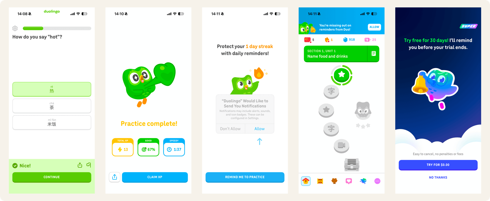 Duolingo lesson interface with gamified exercises