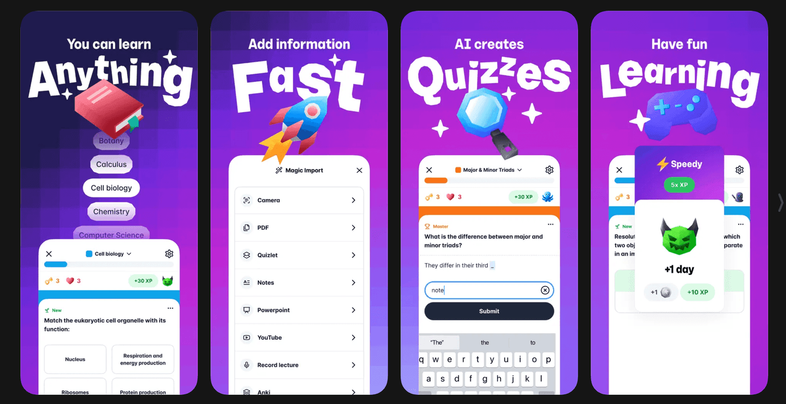 Gizmo app interface showing gamified flashcard quizzes