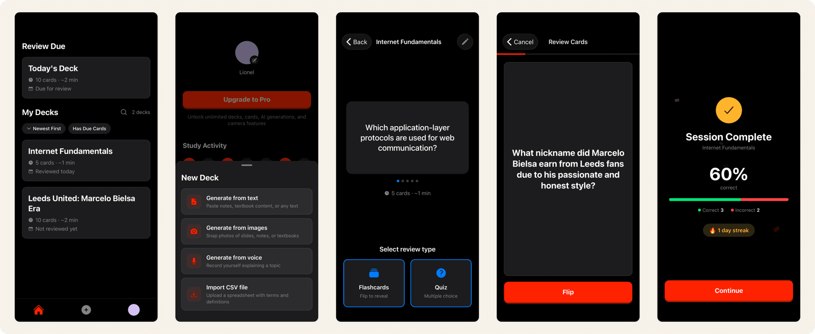Sticky app interface showing review due screen, AI card generation options, deck view with review type selection, spaced repetition review, and session complete summary