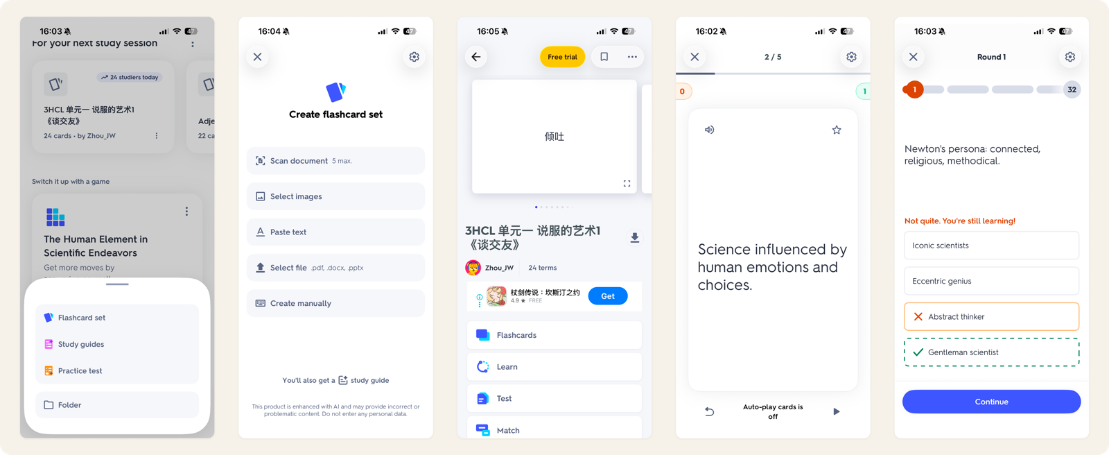 Quizlet flashcard study interface showing home screen, card creation, flashcard view, spaced review, and quiz modes